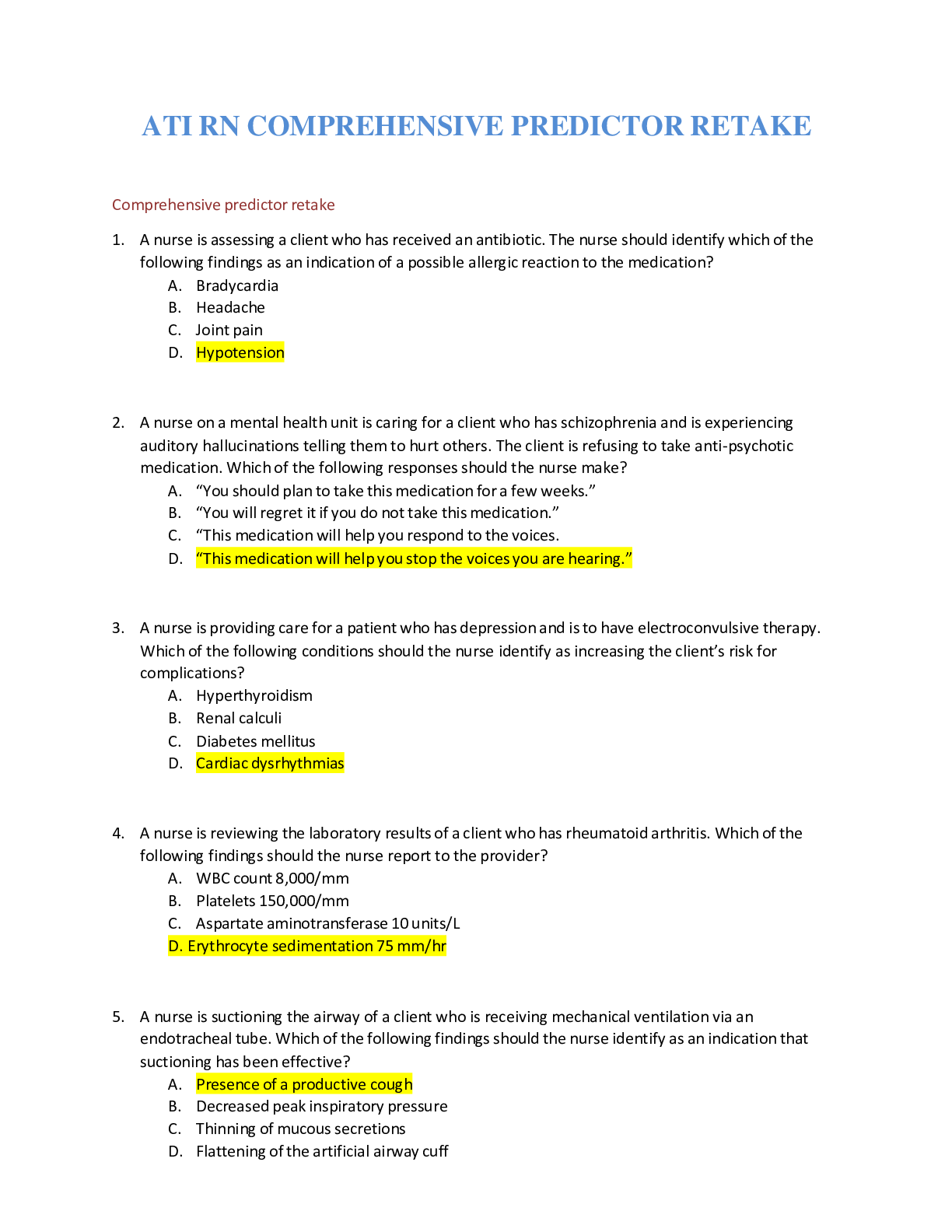 Preview image for ATI RN C0MPREHENSIVE PREDICTOR RETAKE FULL EXAM QUESTIN AND ANSWERS {GRADED A}